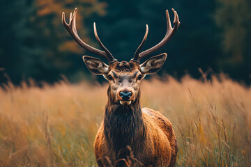 A proud deer with full antlers stands calmly in a golden grass field, embodying serenity and strength in a natural setting.