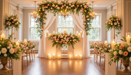 Elegant wedding ceremony setup with floral decorations in bright venue  
