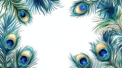 Obraz premium Elegant peacock feather border design with a blank central area for customizable text ideal for invitations or announcements