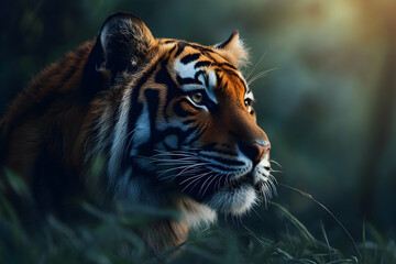 A fierce tiger prowls through the jungle under soft light, its intense gaze and vivid stripes radiating wild strength and mystery.