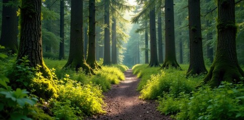 Obraz premium Abandoned fir forest path with moss and lichen, woodland, overgrown, abandoned