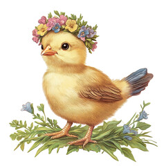 Antique Easter illustration of a chick wearing a floral crown, isolated on white background