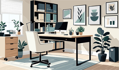 A modern office with a desk, chair, computer monitor, and potted plants. The room is well-lit and organized, with a sense of calm and productivity