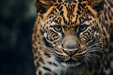 Intense close-up of a leopard’s face, showcasing raw strength, focus, and the beauty of a jungle predator.