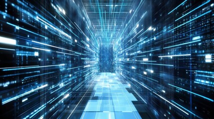 Abstract Digital Data Tunnel Blue Binary Code Flowing Through a Futuristic Cyber Space
