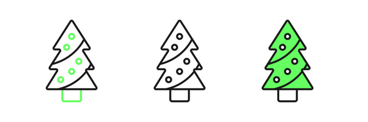 Fototapeta premium Set line Christmas tree with decorations icon isolated on white background. Merry Christmas and Happy New Year. Vector