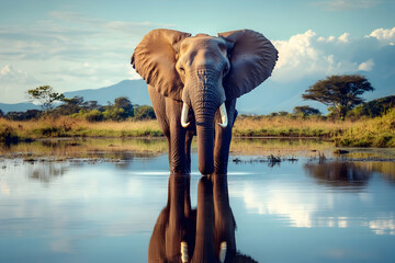 African elephant standing by calm water with mountain views, reflecting nature’s peace and grandeur.