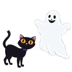 Illustration with smiling  ghost and black cat without background 