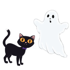 Illustration with scary ghost and black cat without background 