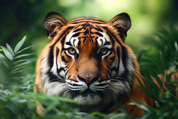 Majestic tiger staring through jungle foliage with intense eyes, symbolizing wild power and natural beauty in its habitat.