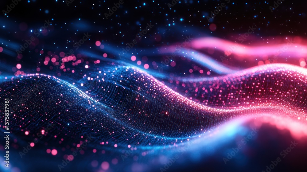 Poster illuminated flowing particle field with radiant gradients digital visualization of a futuristic tech