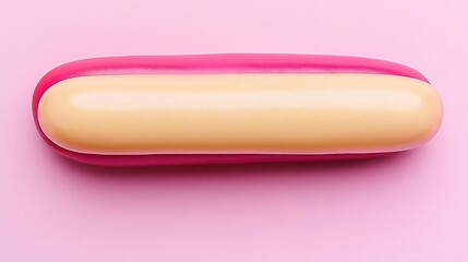 Pastel-toned hot dog on pink background. Conceptual, minimalist food photography. Playful presentation