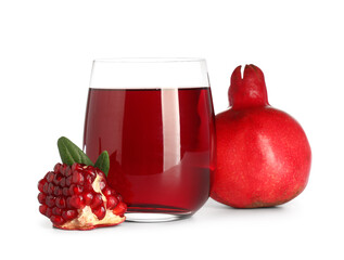 Glass of fresh pomegranate juice and fruits on white background