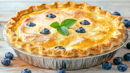 Fresh Blueberry Pie with Golden Crust and Mint Leaves on Rustic Wooden Table