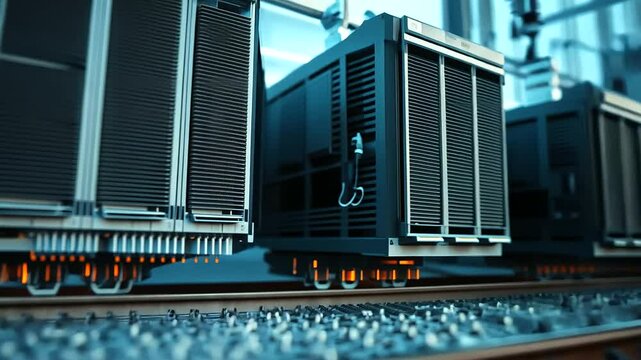 A detailed shot of massive transformers, showcasing complex radiator cooling systems with rows of metal fins, thick black high-voltage cables snaking through the infrastructure, su