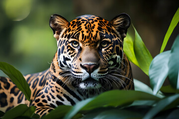 Majestic jaguar gazes through lush jungle foliage, symbolizing wildlife power, stealth, and tropical rainforest beauty.