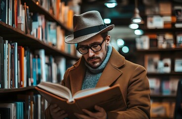 Stylish man reading a book in a cozy library setting with warm lighting, representing knowledge, education, and intellectual lifestyle.