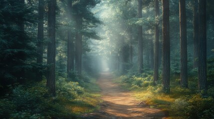 Fototapeta premium A serene forest path illuminated by soft light, surrounded by tall trees and lush greenery, inviting exploration and tranquility.