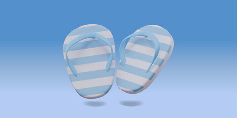 3D Stylized Striped Flip Flops - Blue and White Beach Sandals, Summer Shoes, Vector Illustration