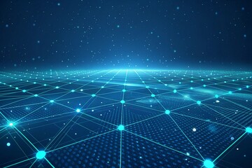 A high-tech digital grid background with floating light particles and deep blue tones. Perfect for technology, AI, and futuristic design visuals.