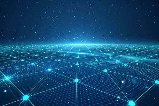 A high-tech digital grid background with floating light particles and deep blue tones. Perfect for technology, AI, and futuristic design visuals.