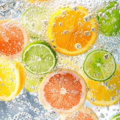 refreshing tropical-themed design featuring sparkling water bubbles in the foreground,