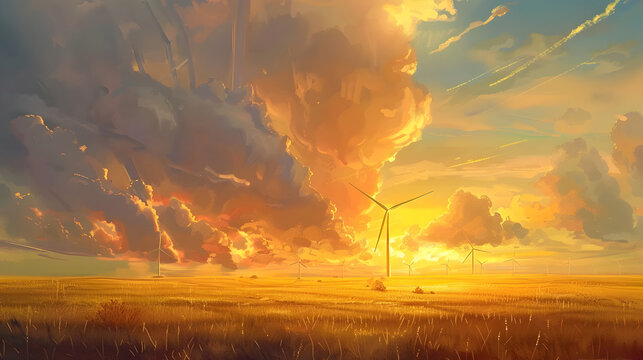 A scenic wind farm with golden fields and dramatic cloud formations at sunset

 - Powered by Adobe