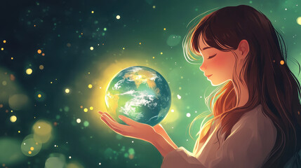 Naklejka premium A Young Woman Holding a Glowing Earth Surrounded by Stars