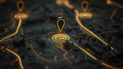 3D Map travel location. Locator mark of map and location pin or navigation icon sign on background with search. 3D rendering.