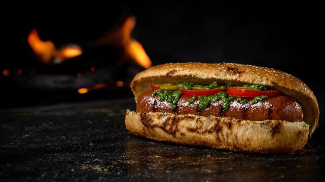 Delicious choripan sandwich featuring grilled sausage, fresh toppings, and vibrant chimichurri sauce enjoyed at a barbecue.
