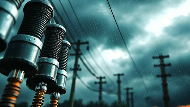 Heated metal surfaces of power transformers hissing as rain strikes, steam curling skyward amidst the downpour, thick insulated cables glistening under stormy clouds