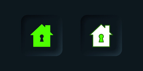 Green House under protection icon isolated on black background. Home and shield. Protection, safety, security, protect, defense concept. Black square button. Vector