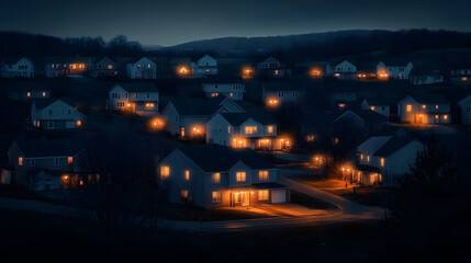 Fototapeta premium A dramatic nighttime scene of a power outage, where a single home remains illuminated thanks to its battery backup system. The surrounding houses are in darkness, with the glow of the powered home