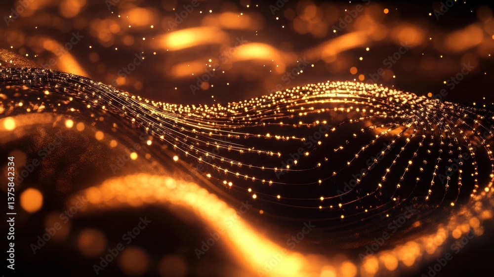 Poster abstract background featuring a vibrant flowing particles, wave with glowing dynamic creating a ener