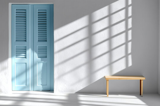 minimalist empty room featuring blue shutters and wooden bench, illuminated by soft shadows. serene atmosphere invites relaxation and contemplation - Powered by Adobe