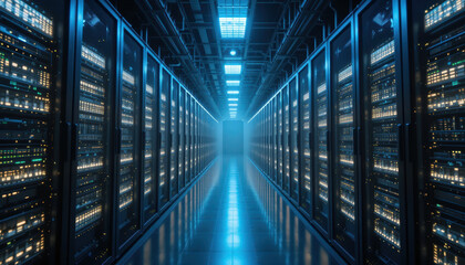 futuristic data center with rows of servers illuminated by blue lights, creating high tech atmosphere