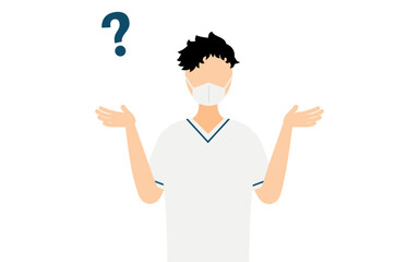 Simple illustration of a male nurse with dark hair questioning