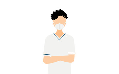 Simple illustration of a male nurse with dark hair, arms folded