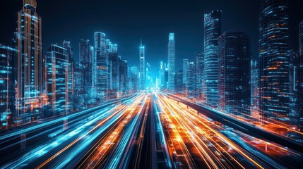 Fototapeta premium Futuristic cityscape with glowing lights and modern architectural infrastructure