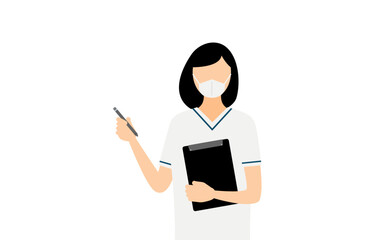 Simple illustration of a female nurse with black bobbed hair taking records