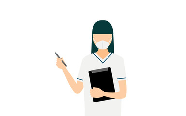 Simple illustration of a female nurse with long hair taking records