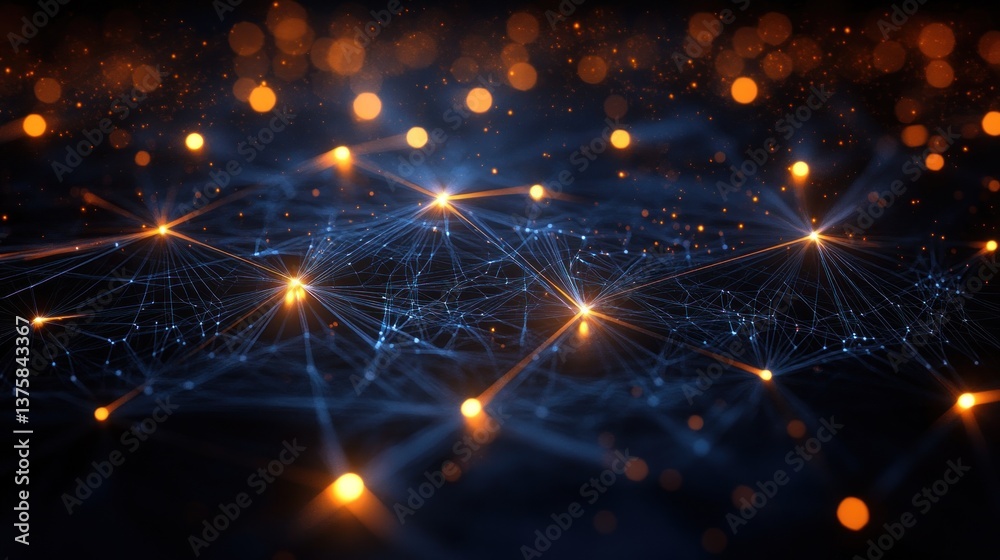Poster abstract network landscape connecting nodes with illuminated beams creating digital connections and 