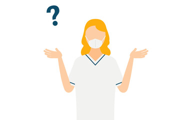 Simple illustration of a woman in a gray sweater asking a question