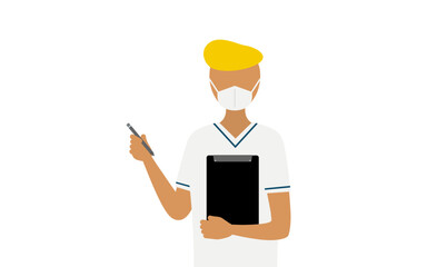 Simple illustration of a male nurse with a regent taking a record