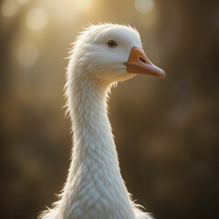 Fototapeta premium close up of white goose with soft, fluffy neck and gentle expression, illuminated by warm sunlight. background is softly