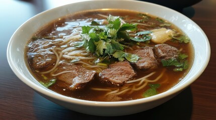 Delicious Beef Noodle Soup with Cilantro Garnish Asian Cuisine Close Up Shot