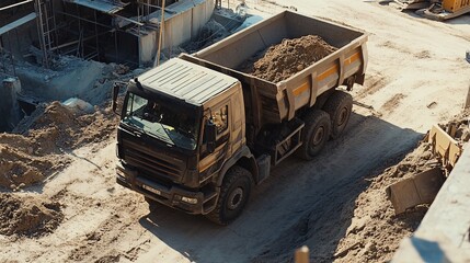 Dump truck on a construction site. Loading sand into a dump truck.