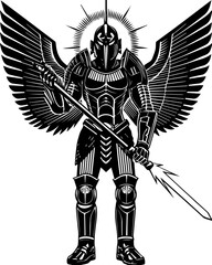 Obraz premium Egyptian gods depicted in a detailed svg vector design. Winged Warrior with Spear and Armor in Bold Style Design