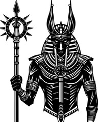 Obraz premium Egyptian gods depicted in a detailed svg vector design. Ancient Egyptian God Anubis Holding Staff in Detailed Illustration
