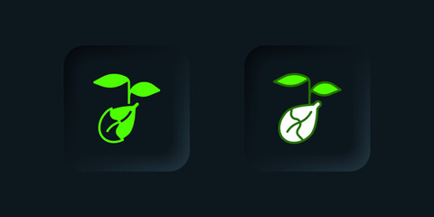 Green Sprout icon isolated on black background. Seed and seedling. Leaves sign. Leaf nature. Black square button. Vector